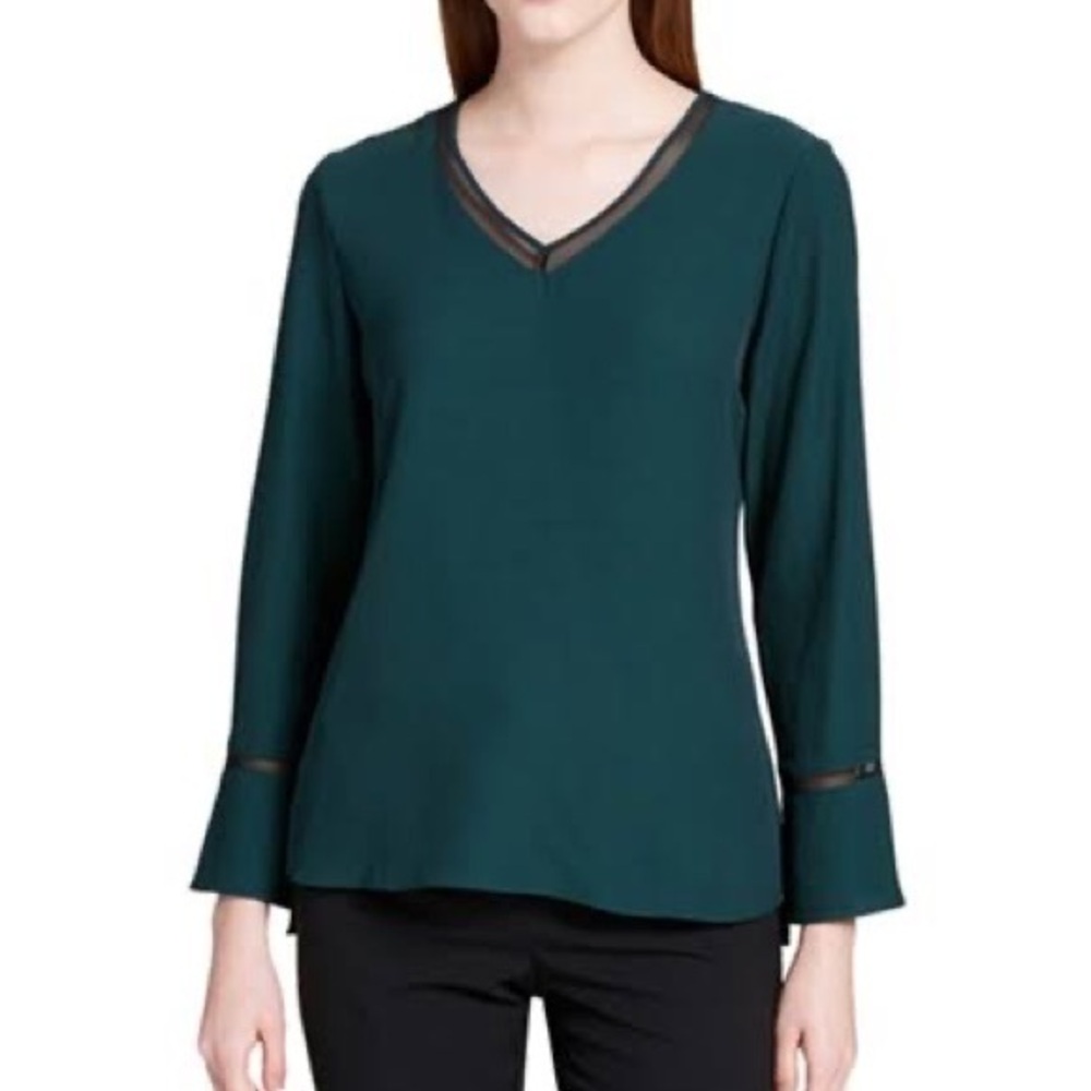NWT Calvin Klein Teal Green Long Sleeve Blouse with Mesh Accents and Ruffle Cuff